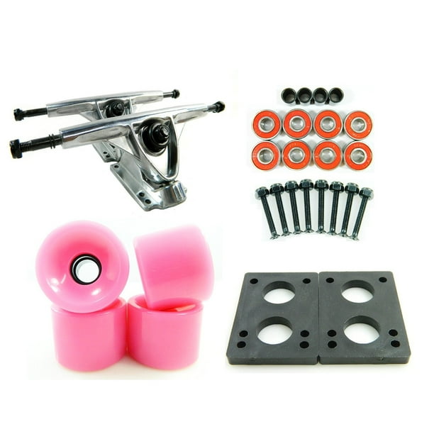 LONGBOARD PARTS PACKAGE 180mm Raw Trucks 70mm Solid Pink Wheels/Bearings/HW