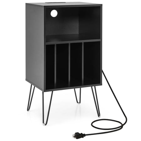 Furnibear Record Player Stand with Charging Station, 4-Compartment Vinyl Storage Cabinet and Open Shelves