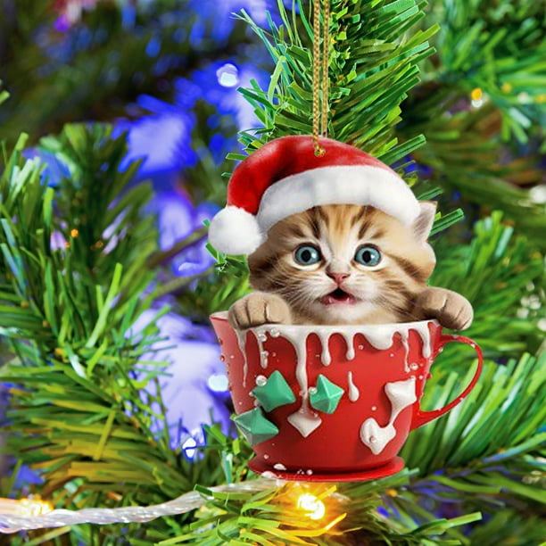 Christmas Cute Catss Pendant Car Pendant Acrylic Christmas Hat Catss Christmas Tree Pendant
