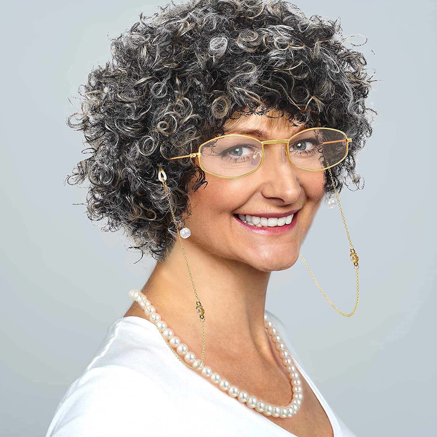 Granny Wig Cap Glasses Chain Cords 