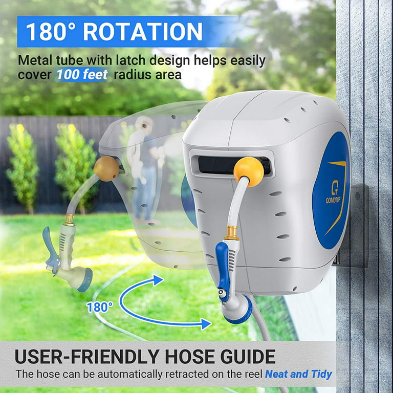 QOMOTOP Retractable Garden Hose Reel ,1/2”x100+6.7FT Auto Rewind,8 Pattern  Hose Nozzle water hose reel 