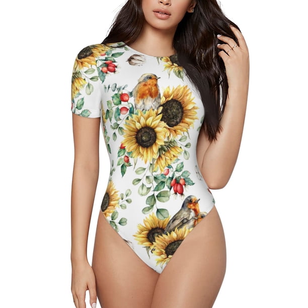 Fotbe Sunflowers Leaves And Birds Body de Mujer con Cuello Redondo y Mangas Cortas, Sin Mangas Ajustado, Suave, Cómodo y Básico-XX-Large