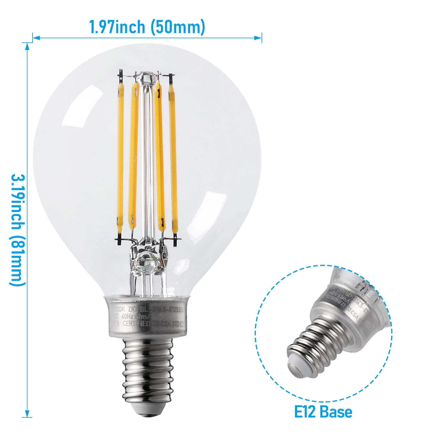 12 Pack Dimmable G16.5 LED Bulb, 5.5W (60W Eqv.), E12 Base, 500lm, Edison Filament Bulb for Chandelier, Ceiling Fan, Vanity, 2700K Soft White Clear Glass