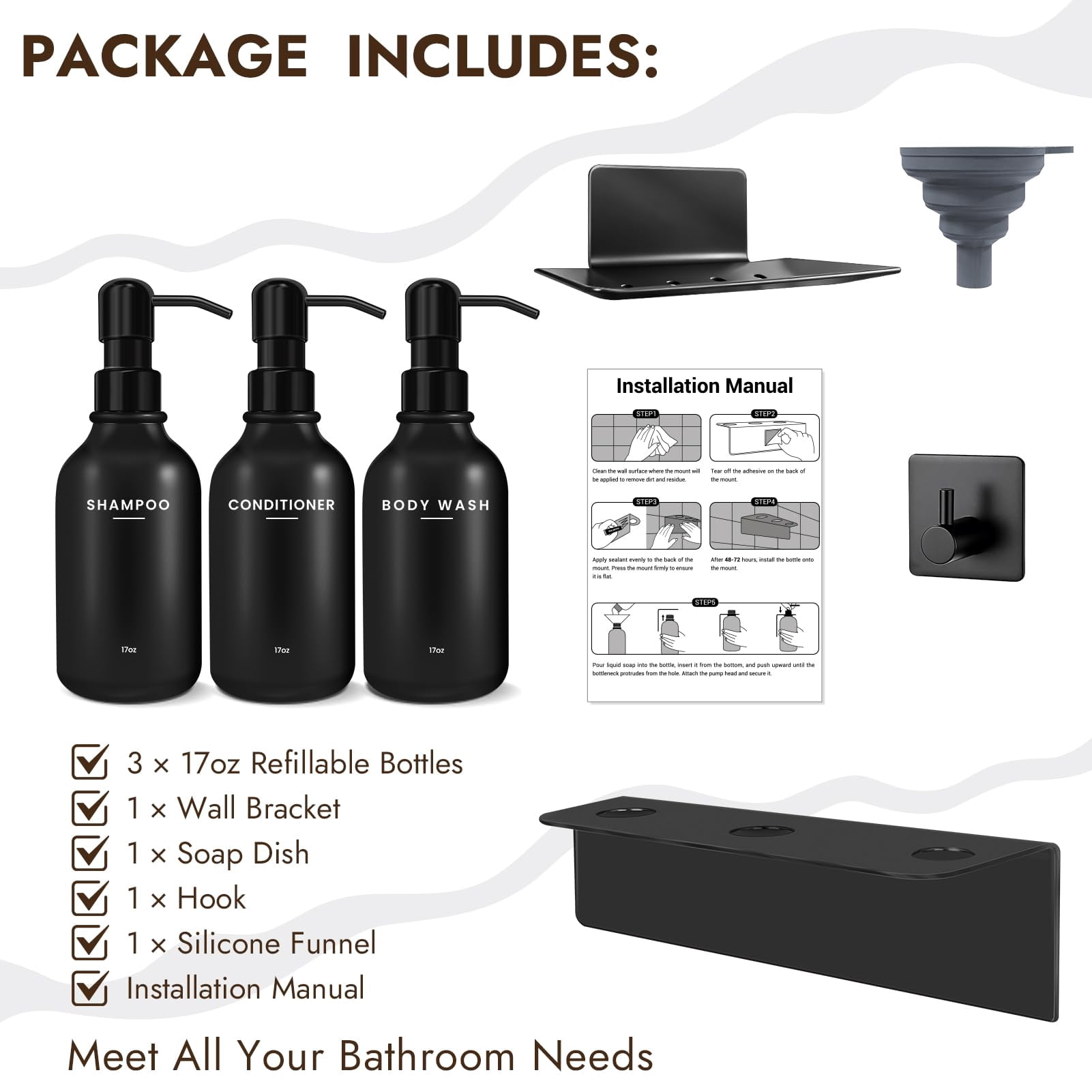 Shampoo and Conditioner Dispenser - Shower Soap Dispenser Wall Mounted - 17 fl oz Set of 3 Black Plastic Bottles with Plastic Pumps & No-Drill Adhesive Holders for Bathroom