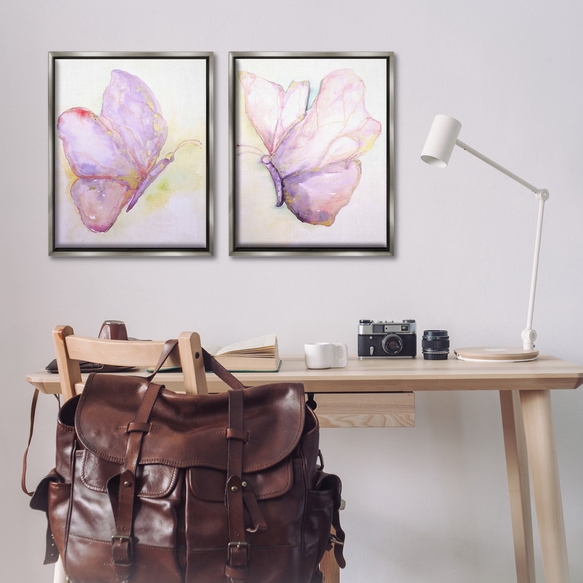 Stupell Industries Girls Glam Butterfly Wings Animals & Insects Painting Gray Floater Framed Canvas Art Print Wall Art, 25 x 31, Set of 2