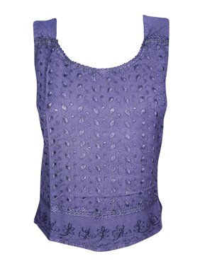 Mogul Beautiful Floral Embroidered Blouse Purple Sleeveless Round Neck Tie Back Summer Style Top