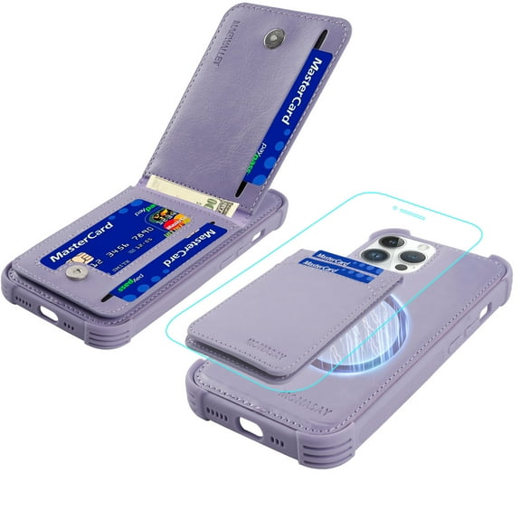MONASAY Magwallet Case Fit for iPhone 14 Pro Max,[Support MagSafe Wireless Charging][Glass Screen Protector]Flip Magnetic Leather Wallet Phone Cover with Detachable RFID Blocking Card Holder