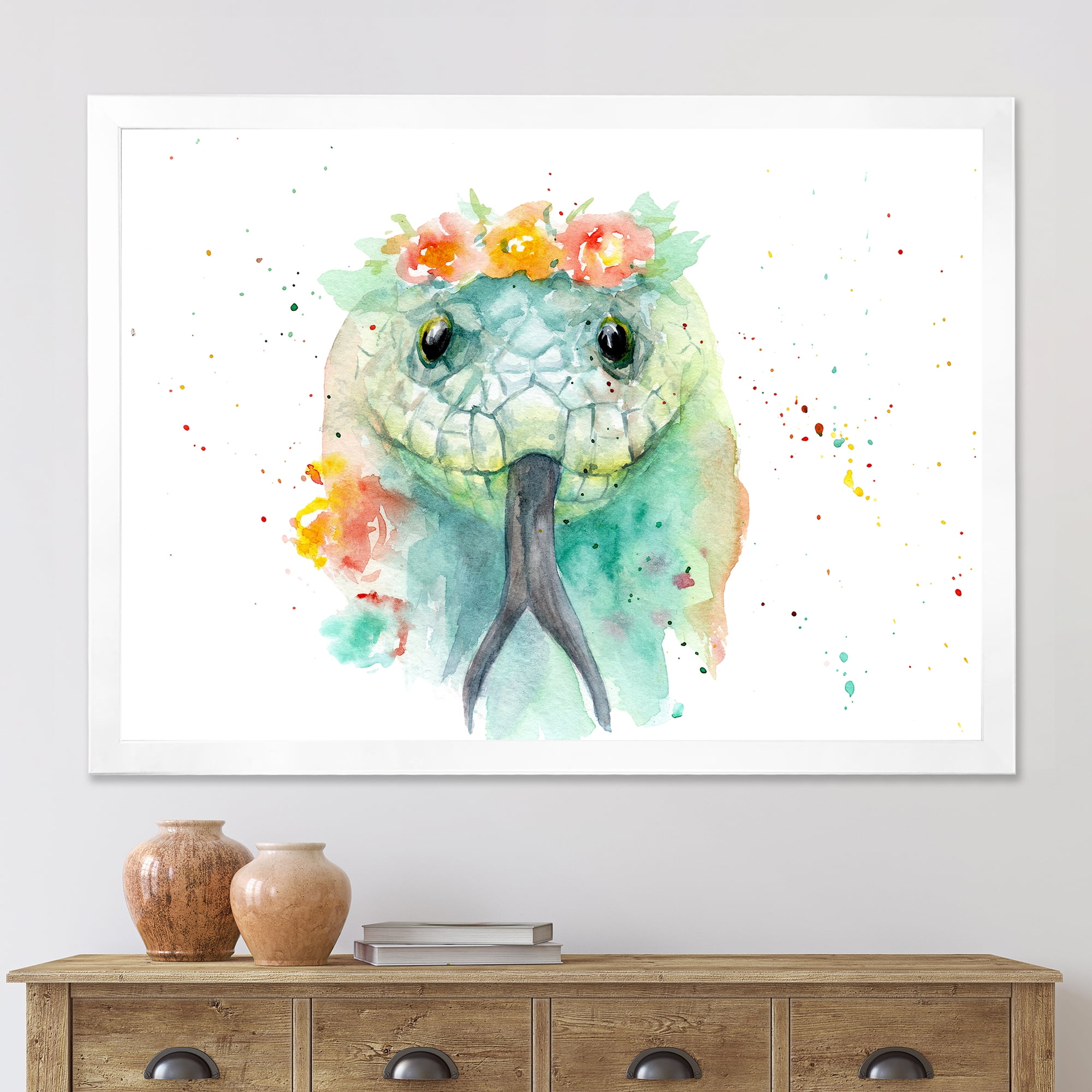 Designart 'Portrait A Green Snake In Flowers' Farmhouse Framed Art Print