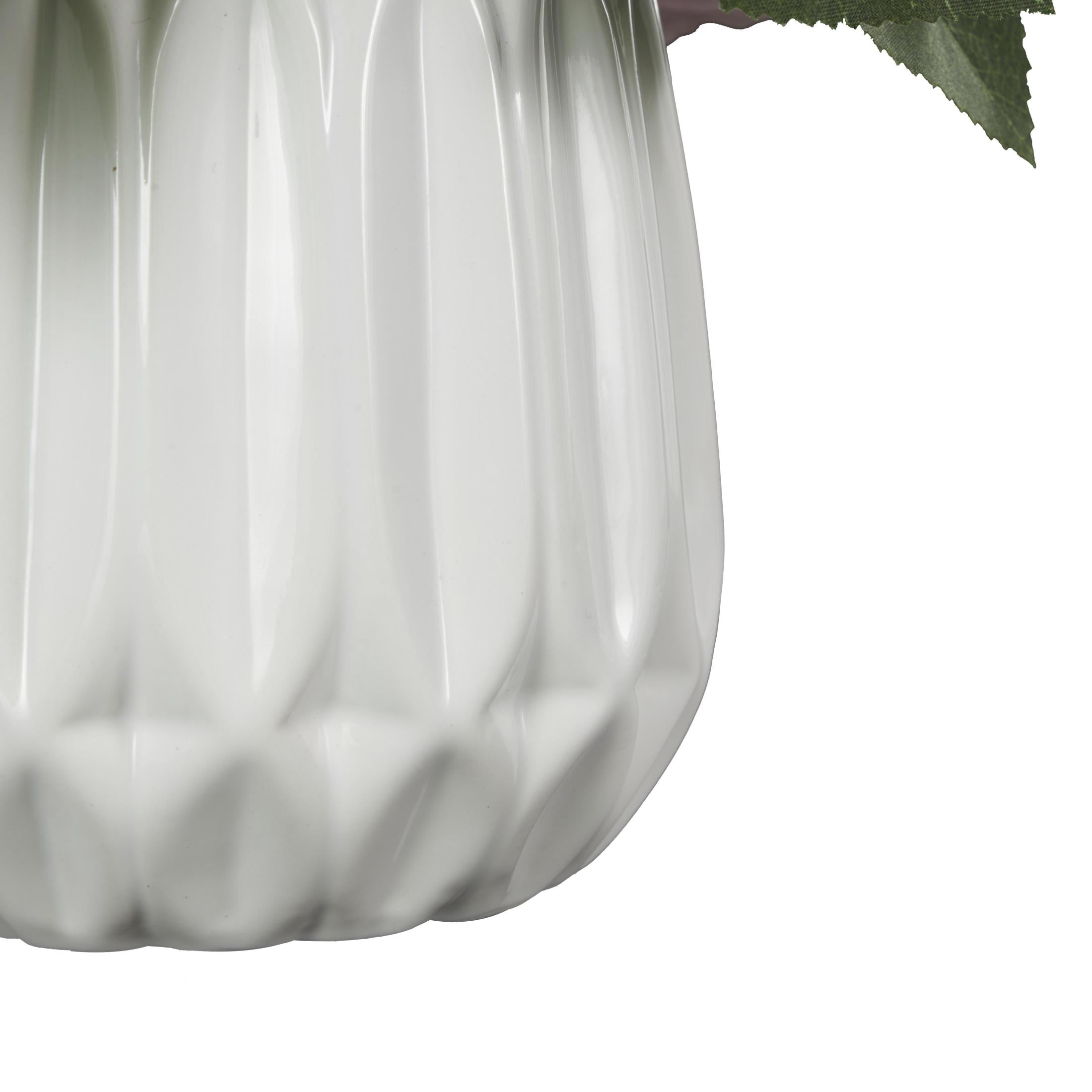 9" Plastic  Hydrangea and Pom Pom Artificial Flower in Green Leaves and Round Ceramic Vase, by DecMode