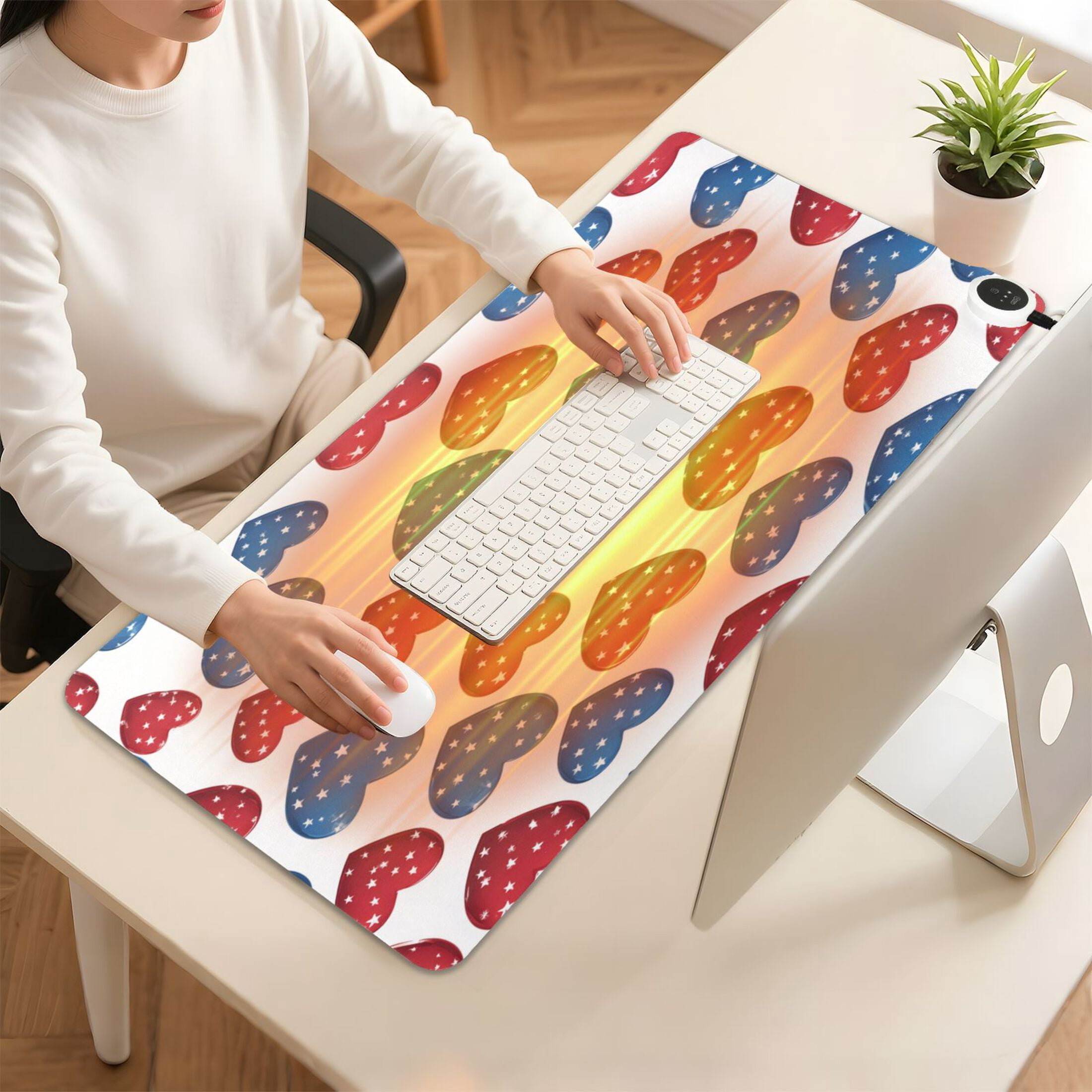 Large Heated Desk Mat Mouse Pad 31.5"x13"PU Leather Graphene Heating Desk Warmer with 3 Temperature Settings 110V US Plug Non-Slip Warm Pad for Home, Office, and Gaming Patriotic Star Hearts Print