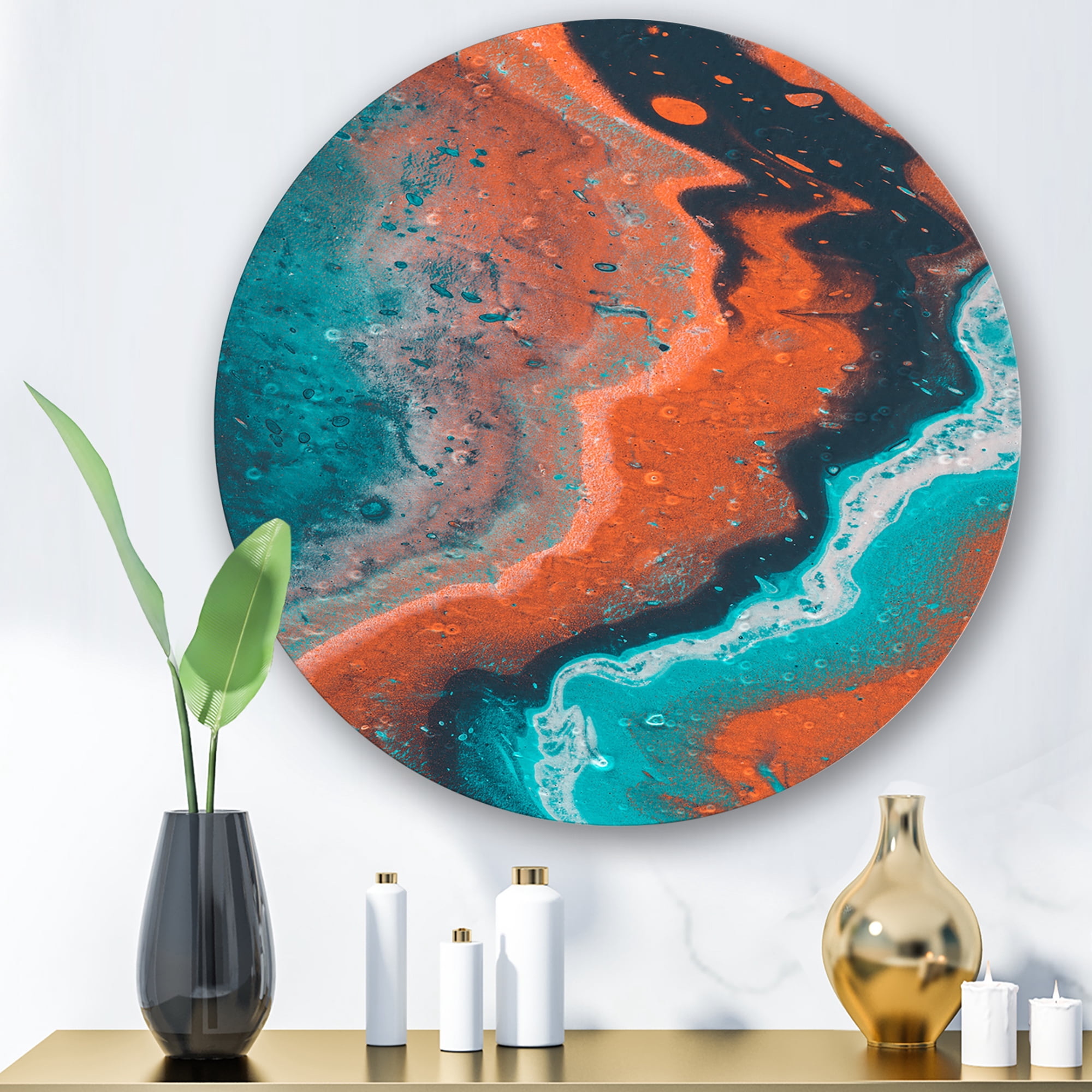 Designart 'Abstract Marble Composition In Orange and Blue I' Modern Circle Metal Wall Art 11x11 - Disc of 11