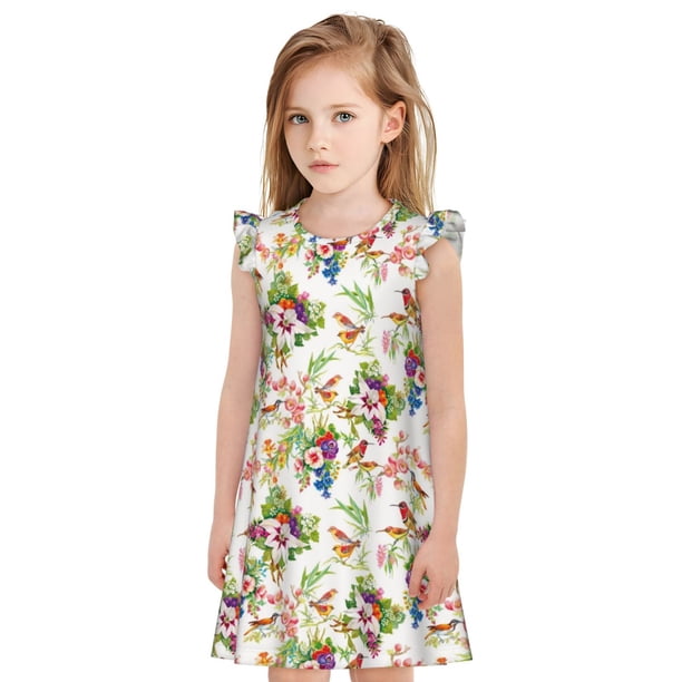 Balery Birds And Flowers Camisón de princesa para niñas, pijama de algodón con mangas abullonadas, suave y bonito.-Medium