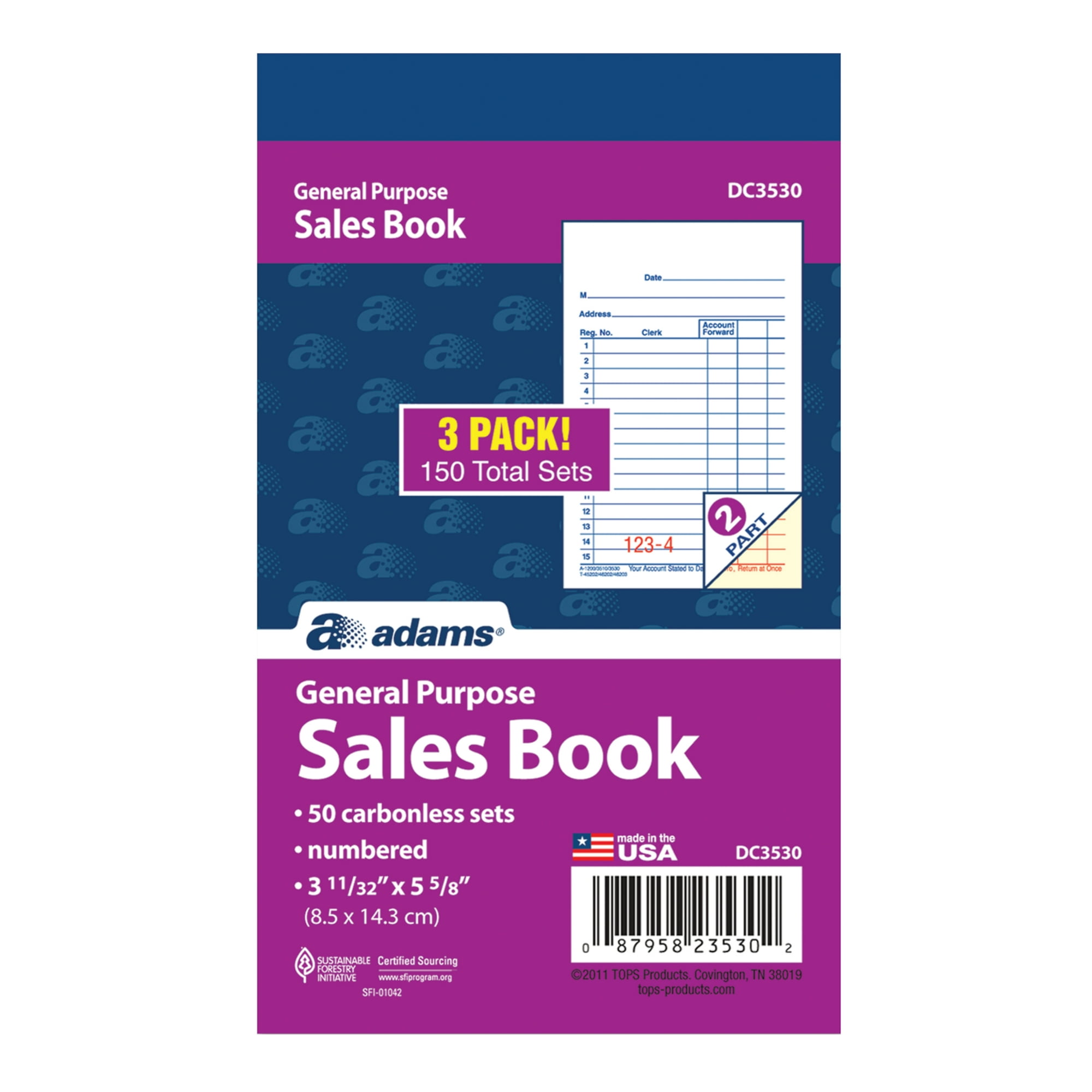 Adams General Purpose Sales Books, 2-Part Carbonless, 3-11/32 in. x 5-5/8 in., 50 Sets per Book, 3 per pack
