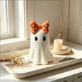 thumbnail image 5 of Cute Ghost Statue with Orange Polka Dot Bow, 5.9 Inch Halloween Tabletop Decoration, Spooky Ceramic Figurine for Shelf Decor, 5 of 7