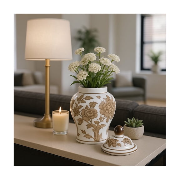 Decorative Chinoiserie Temple Jar for Living Room Decor - Ornamental Ceramic Jar with Lid for Home, Room, and Office - Elegant Flower Vase for Bedroom, Office, or House Decor - 9", Brown & White
