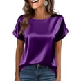 thumbnail image 5 of Satin Blouse for Women Business Casual Outfit Short Sleeve Solid Color Tops Crewneck Tshirt Silk Shirt Summer Clothes Purple M, 5 of 5