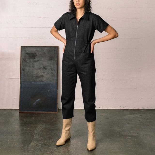 Pxiakgy Combinaisons pour Femmes Combinaison Utilitaire Courte Combinaison Décontractée à Manches Courtes avec Poches Combinaison Noire + TG