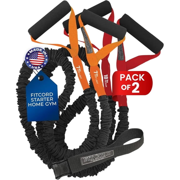 American Made FITCORD Resistance Bands 2 Pack with Door - Home Workout Equipment Set - Secure & Durable, Body Stretching & Strength Training for Men & Women - 7lb & 18lb Bands