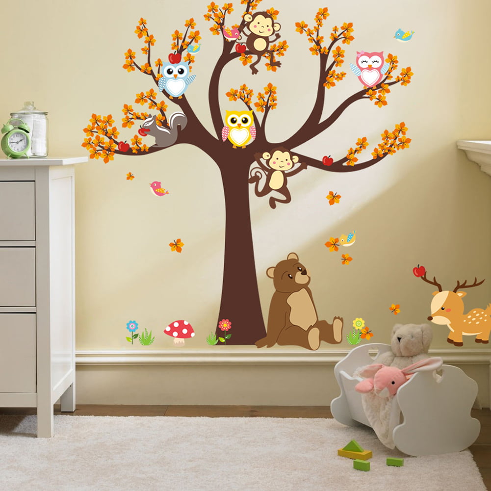 Woodland Owl Flower Tree Squirrel Bird Unisex Nursery Baby Wall Decal Sticker