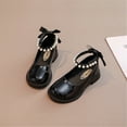 thumbnail image 2 of LNMQLPDBS Princess Shoes Little Girl's Solid Color Pearl Decoration Bow Dress Shoes Round Toe Low Heels Leather Mary Jane Shoes with Loop Back Strap for Wedding Communion and School ﻿, 2 of 4