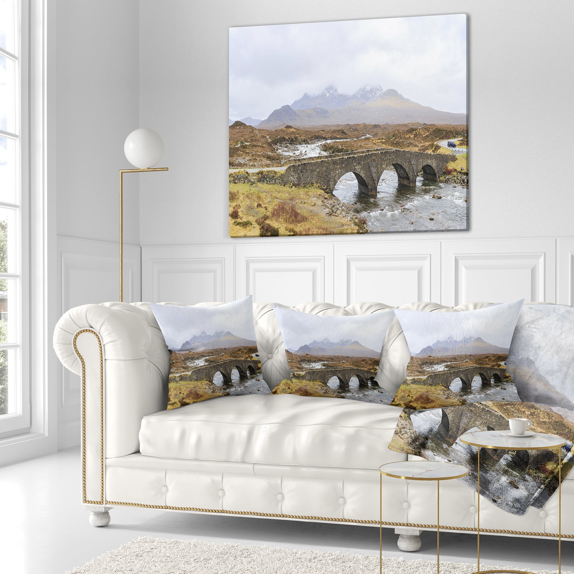 Designart Sligachan Old Bridge Panorama - Landscape Printed Throw Pillow - 16x16