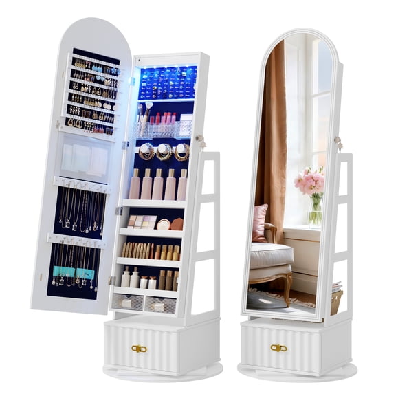 VKCC 360 Swivel Jewelry Armoire,Arched LED Mirror Jewelry Cabinet with Full Length Mirror,Standing Jewelry Cabinet with Drawer,White