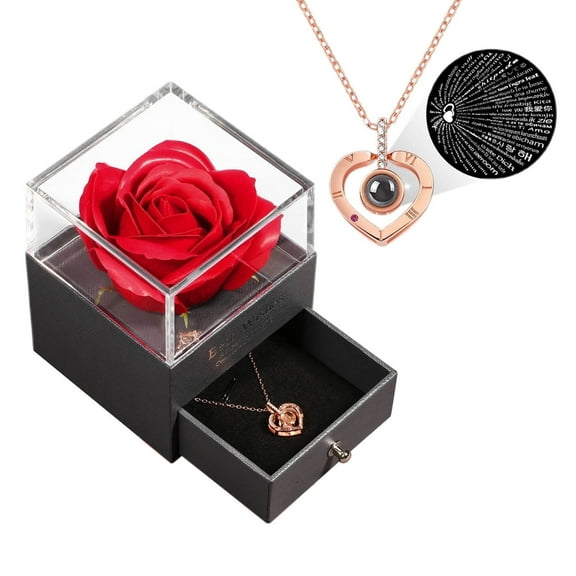 Zonao Heart Shape Ring Box with Preserved Real Rose Valentine's Day Gift Box Jewelry Box Ring Storage Box Include Necklace