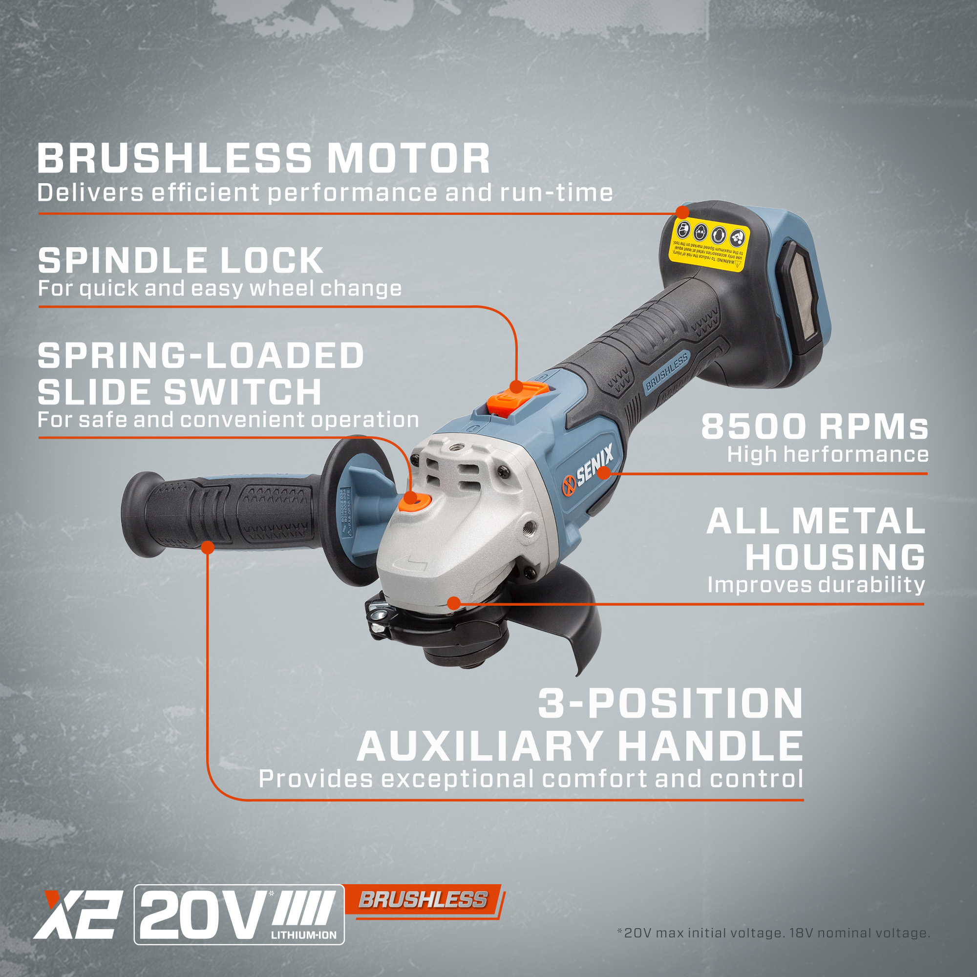 Senix 20V Max Brushless 4.5-Inch Angle Grinder photo 2