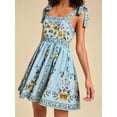 thumbnail image 3 of Multicolor Floral Print Ruched Square Neck Tie-Shoulder Mini Dress For Women, 3 of 8