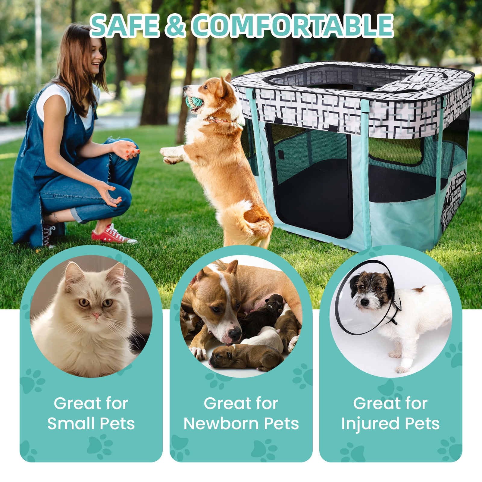 Luxvie Portable Pet Playpen, Foldable Dog Cat Playpens Cat Cage Exercise Kennel Tent, Dog Kennel With Removable Shade Cover, Dog Crate Indoor Outdoor Travel Camping Use, Green