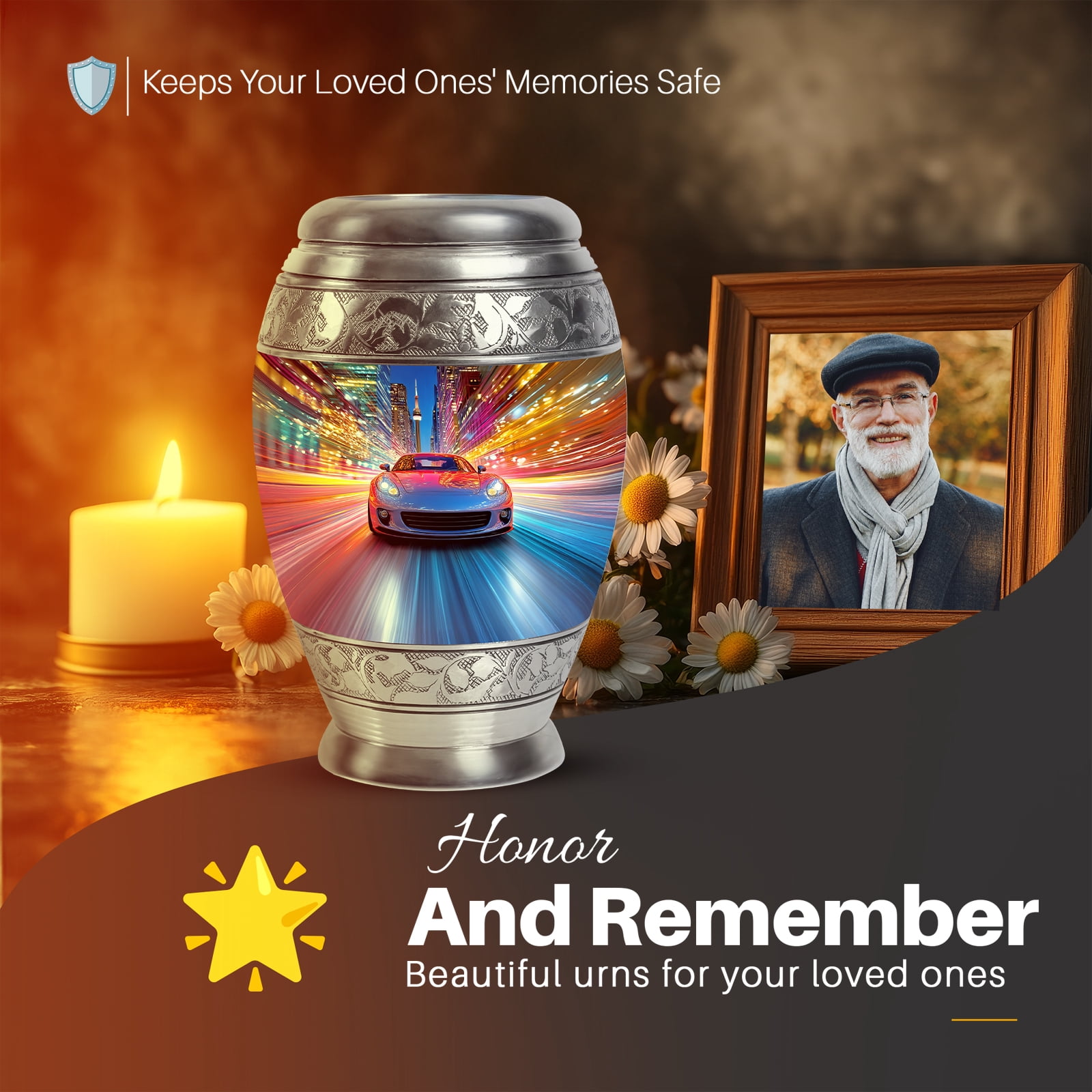 Yatskia Racing Car Decorative Large Cremation Urns for Human Ashes Adult Male and Female, Small Memorial Urn for Ashes Adult, (Monar 10 Inch and 3 Inch)
