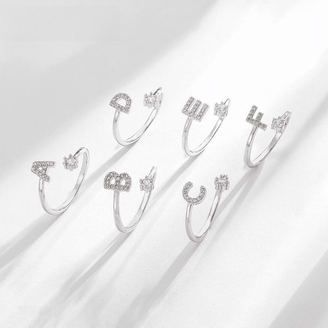 Anillo de plata de ley S925 con 26 letras en inglés, estilo europeo y americano, anillo abierto con diamantes para mujer