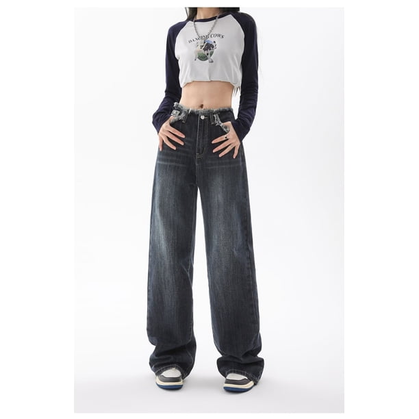 Pantalones vaqueros de pierna ancha para mujer, Jeans negros y grises, cintura alta, sueltos, rectos, diseño elástico, moda, estilo Y2K, nuevo