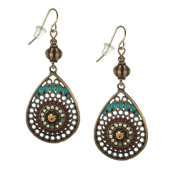 Colorful Ethnic Vintage Copper Teardrop Boho Handmade Statement Dangle Earrings – Nickel Free Hypoallergenic Earwires – Gift for Her