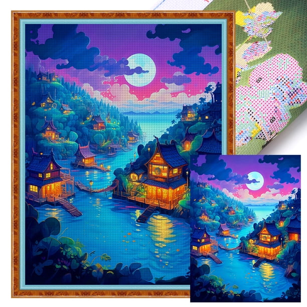 (11CTACC-3220__C__ 50x65) Hilo algodón ecológico para bordado 11CT impresión 3 hebras 50x65cm Kit serie paisaje en punto cruz Moonlight River House