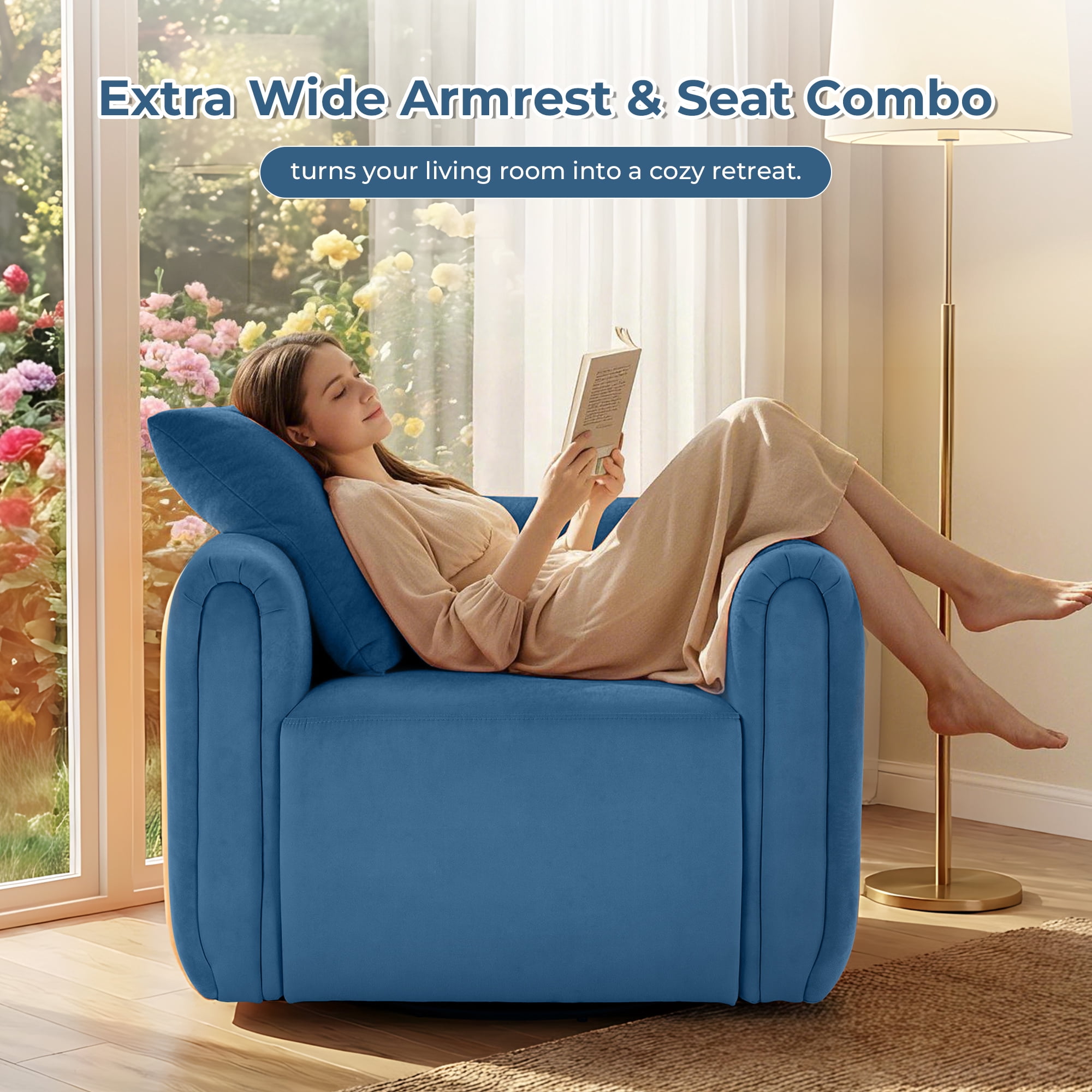 Ebello  Swivel Accent Chair, Modern Velvet Living Room Chair with Pillow, Barrel Chair for Bedroom & Reading Corner (Blue，1 Pack，Fully Assembled )