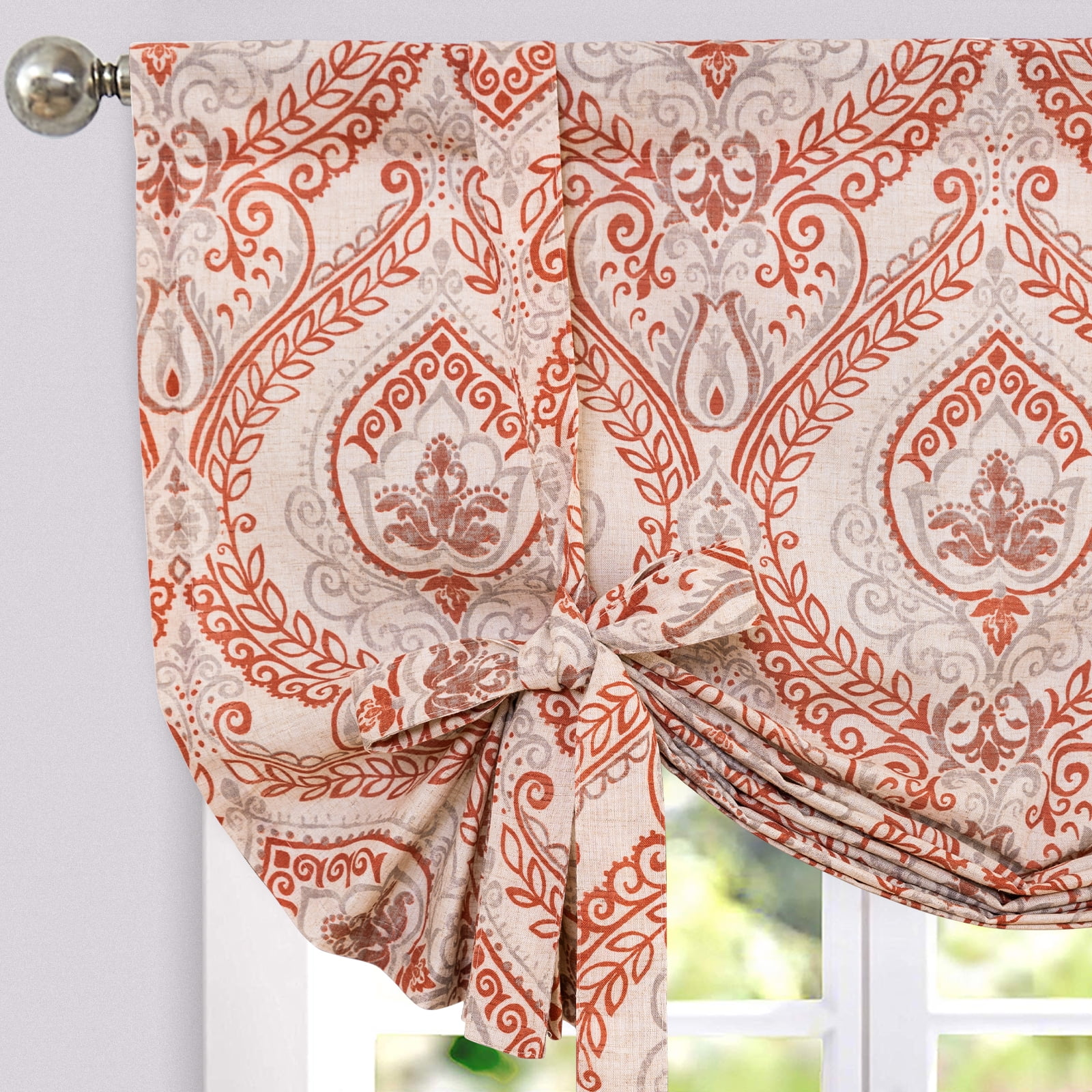 Curtainking 45 inch Tie Up Valance Damask Linen Valance for Kitchen
