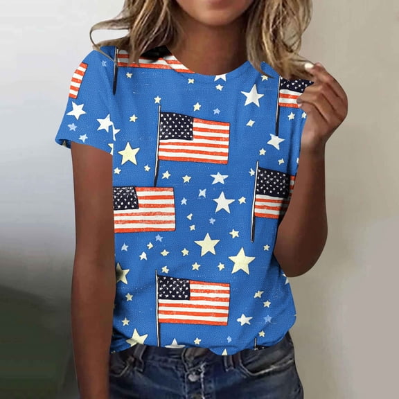 Goodtrade8 4th of July T Shirts for Women Summer Red White and Blue Pullover American Flag Short Sleeve Casual Graphic , Red White and Blue Crew Neck Juniors Tops Independence Day