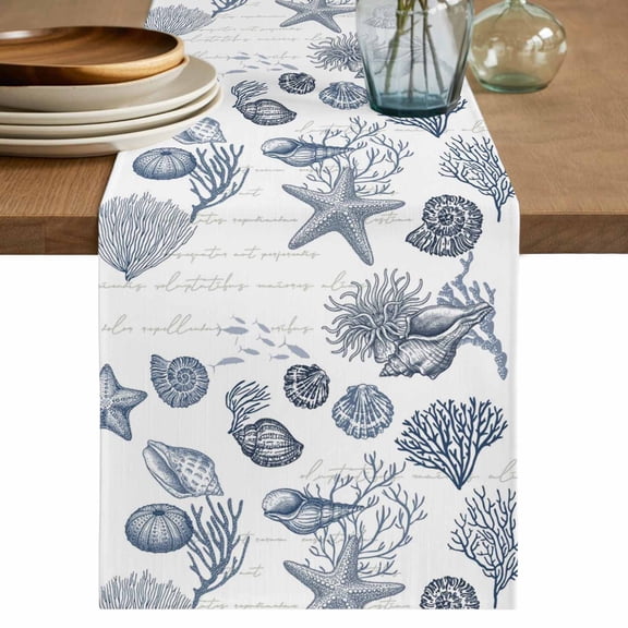 Navy Blue Coastal Cotton Linen Table Runner for Dining Kitchen, Nautical Starfish Coral Shell Ocean Summer Wedding Outdoor Party Tablerunners, Dresser Scarf Coffee Tablecloth Runners 13x60 Inches