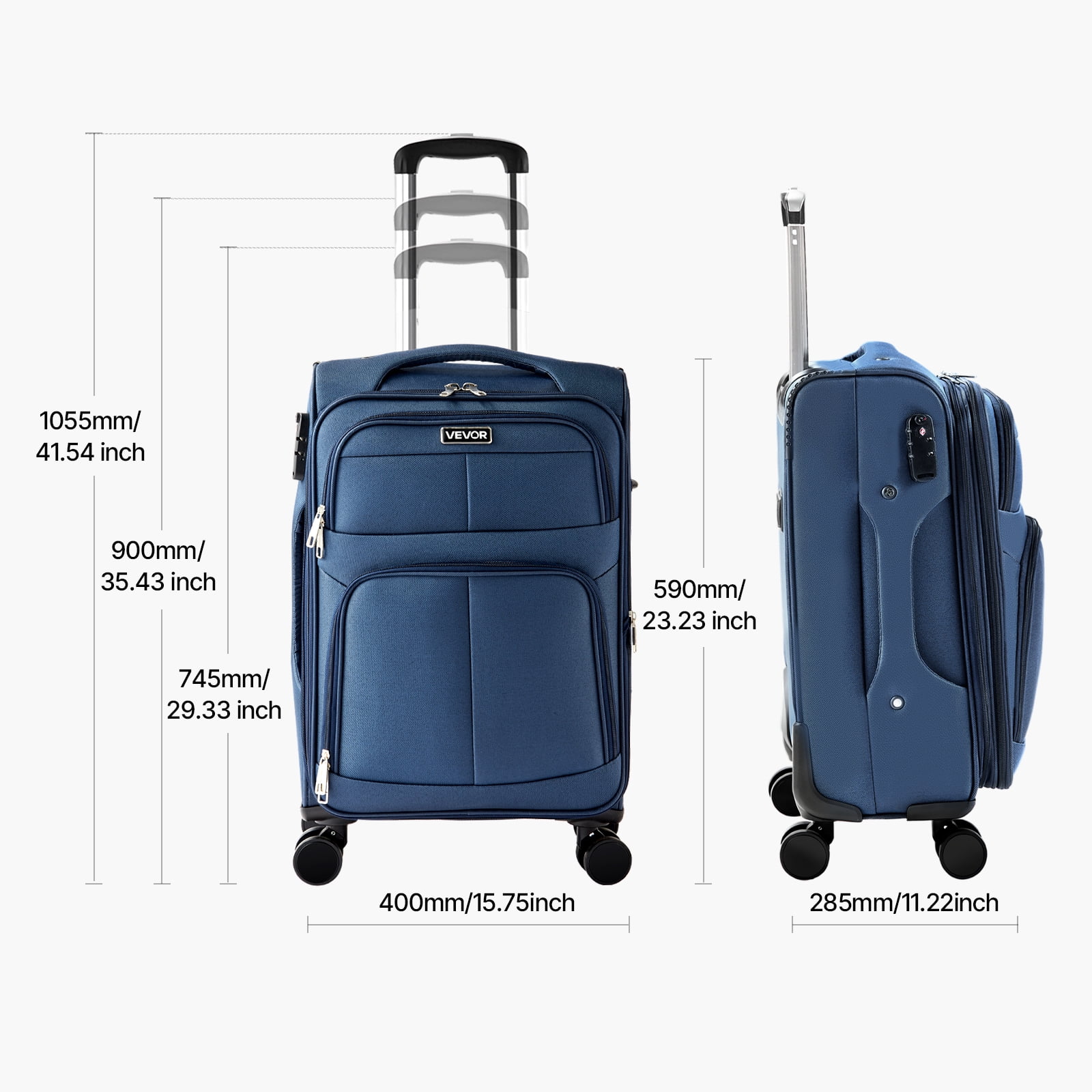 VEVOR Softside Expandable Luggage with Spinner Wheels, 20-Inch Softside Carry on Luggage, Lightweight Checked Suitcase with Expandable Zippered Pocket and TSA Lock, Blue