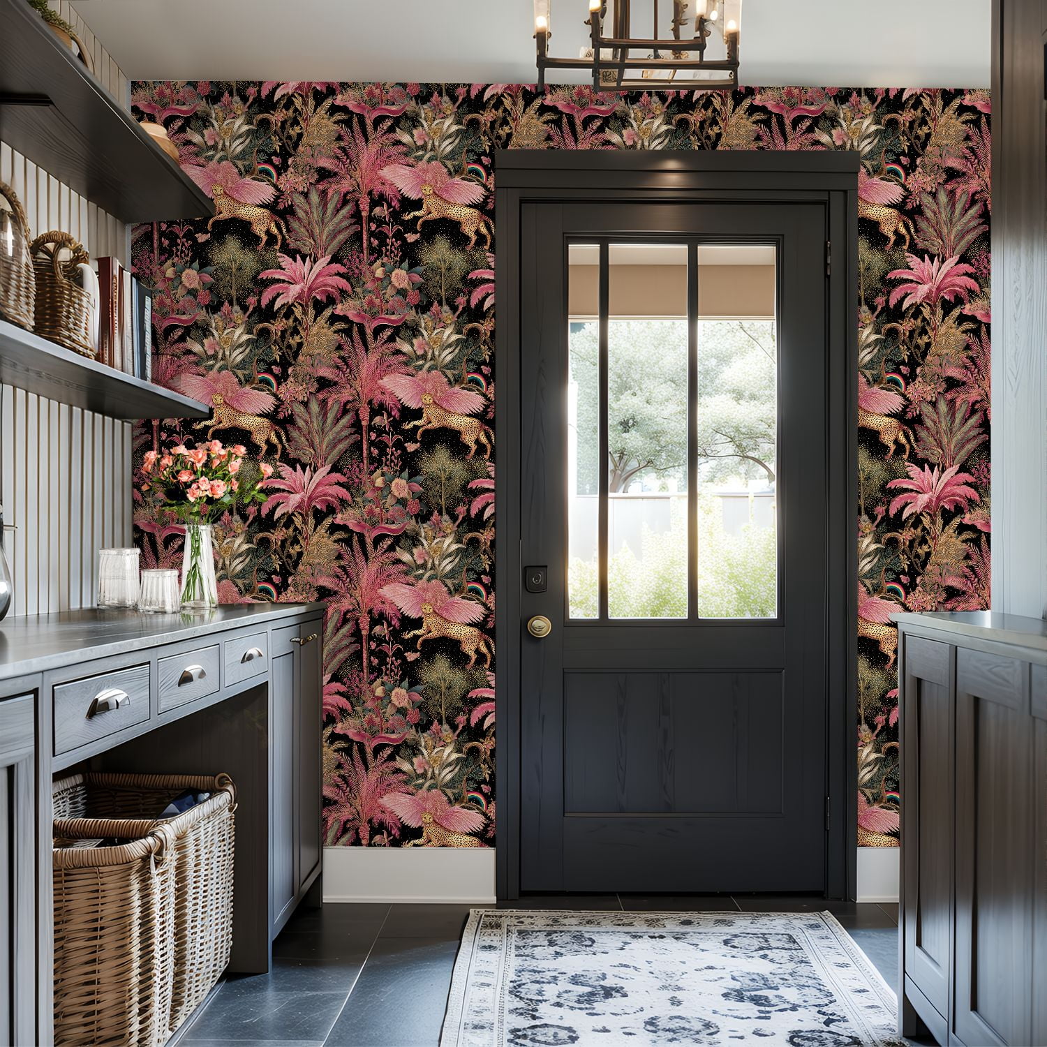 Peel and Stick Wallpaper Leopard Pink Wings Among Tropical Plants Vibrant Wall Mural 17.7in x 9.8ft Self Adhesive Removable Wall Paper Renter Friendly Wallpaper for Nursery Bedroom Cabinets