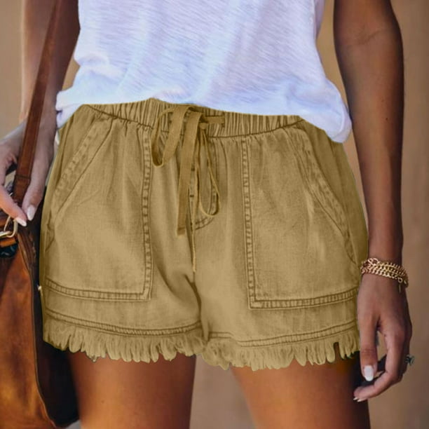 Colored Denim Short With Fringe, Khaki Colored Denim Short With Fringe, Khaki