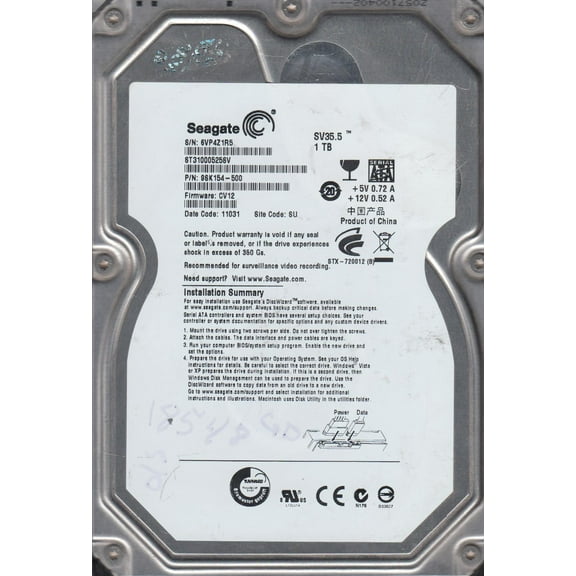 ST31000525SV, 6VP, SU, PN 9SK154-500, FW CV12, Seagate 1TB SATA 3.5 Hard Drive