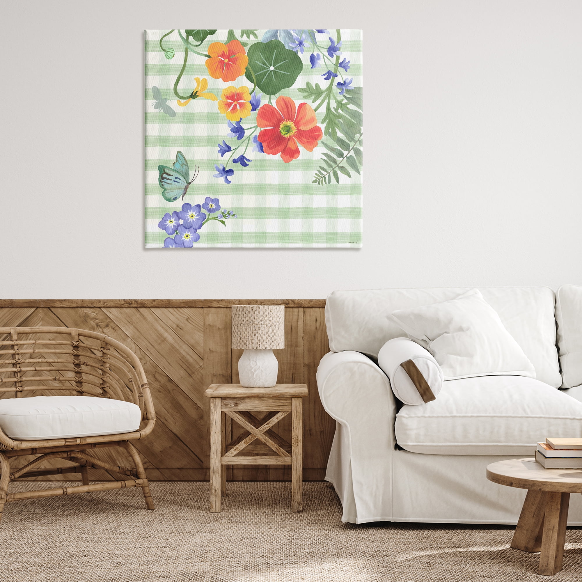 Stupell Industries Green Gingham & Poppies Botanical & Floral Painting Gallery Wrapped Canvas Art Print Wall Art, 36 x 36