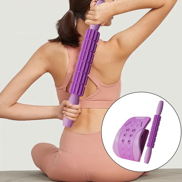 Estiramiento de espalda, masajeador de cuello con rodillo de masaje, tabla de EVA ajustable para relajación muscular, soporte lumbar para coche, sofá, Violeta
