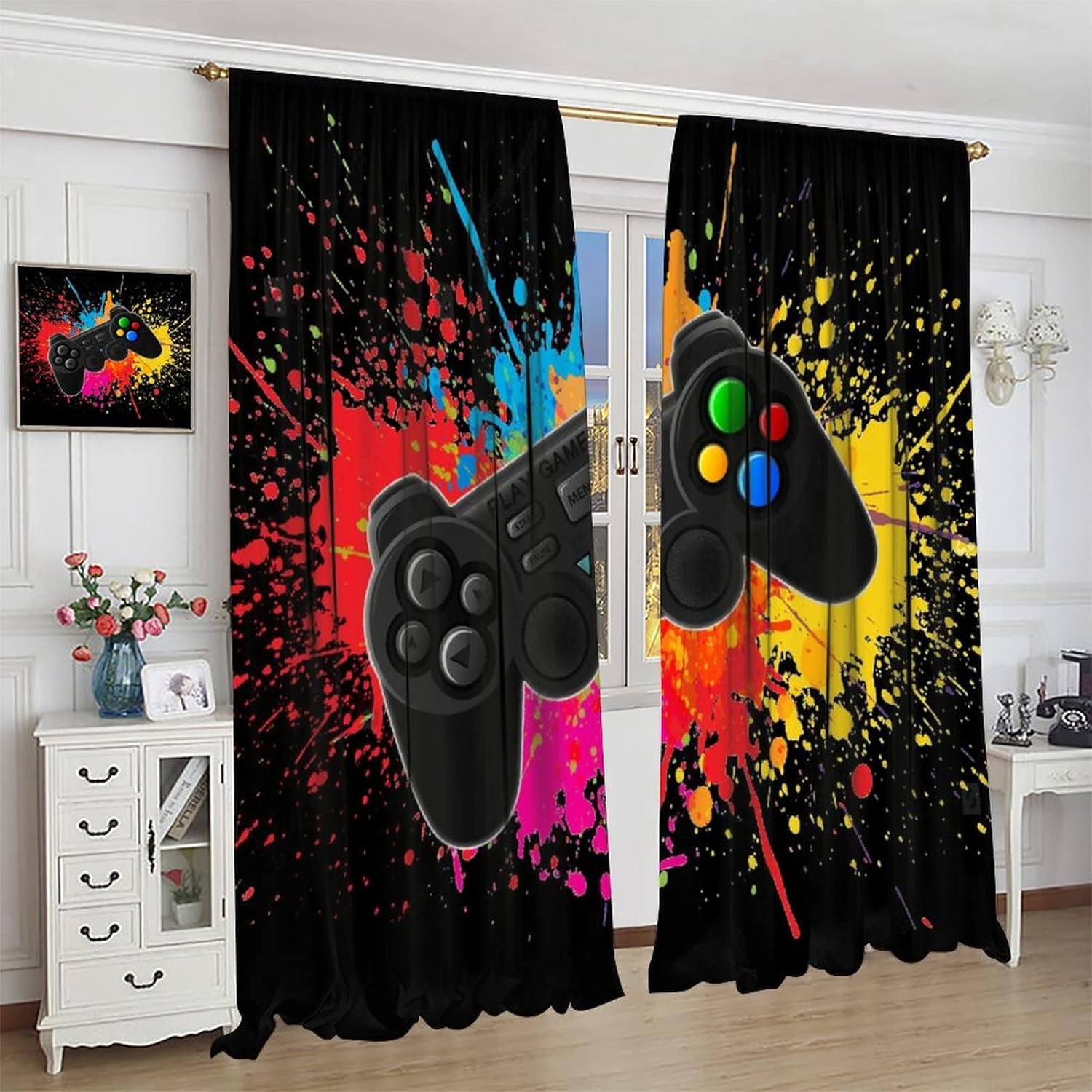 Gamepad Curtains for Boys Girls Kids Teens Colorful Game Controller Thermal Insulated Room Curtains for Living Room, 84x84 Inch Blackout