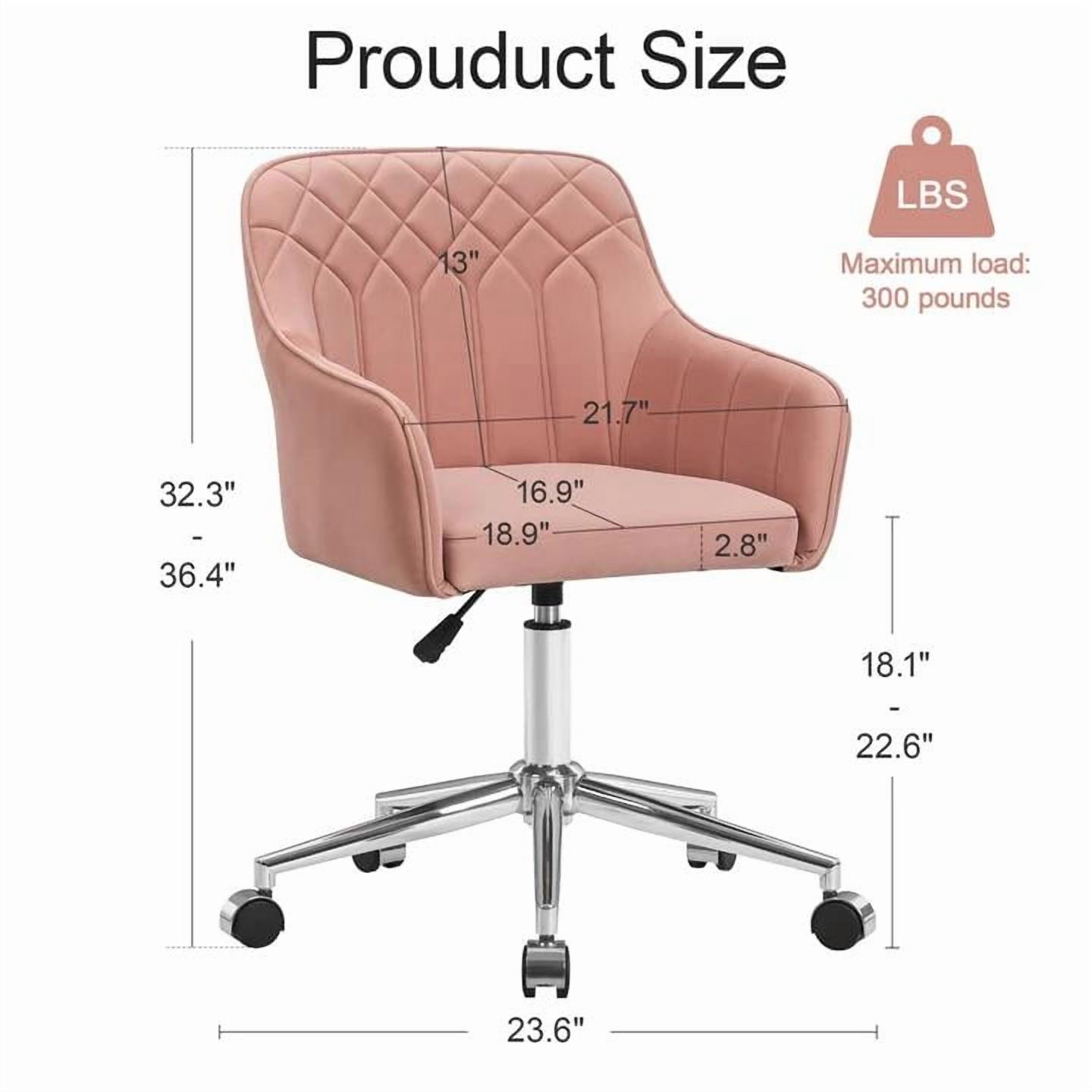 VECELO Modern Velvet Accent Chair, Upholstered Swivel Desk Chair with Silver Base, Adjustable Height Vanity Chair with Wheels for Study, Living Room, Bedroom, Pink