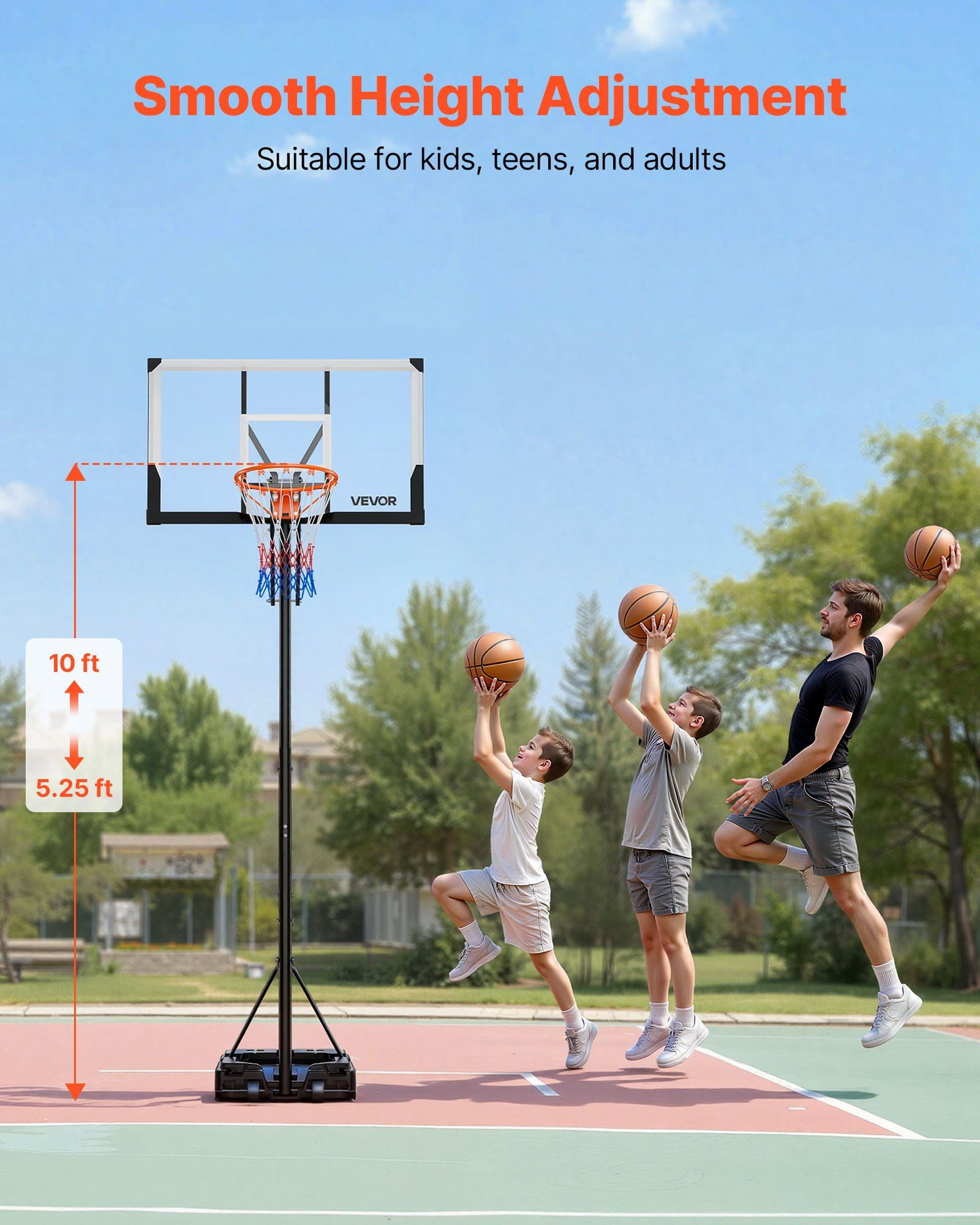 5.25-10 Ft Adjustable Portable Basketball Hoop with 48" Backboard & Wheels for All Ages
