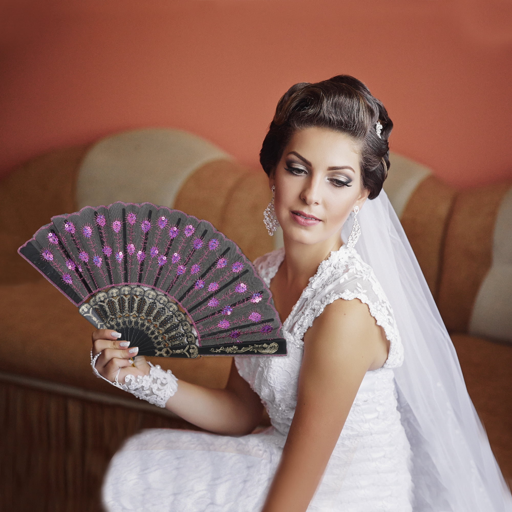 Unique Bargains Beautiful Sequins Folding Fan 1 Pc Pink