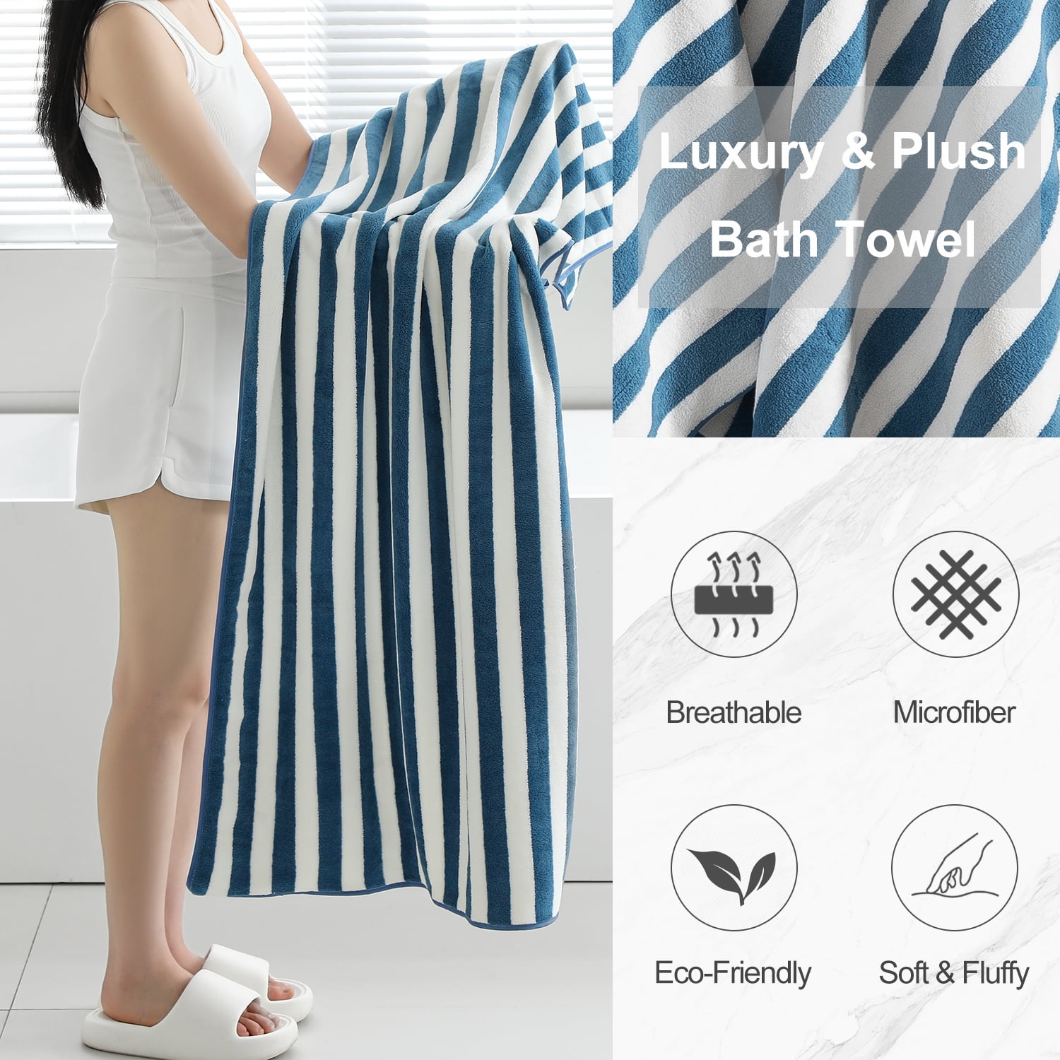 Smuge 12 Pcs Stripe Family Bath Towels Set - 4 Bath Sheet Towels, 4 Hand Towels, 4 Washcloths, Microfiber Soft Shower Towel for Bathroom Gym Spa(Blueberry)